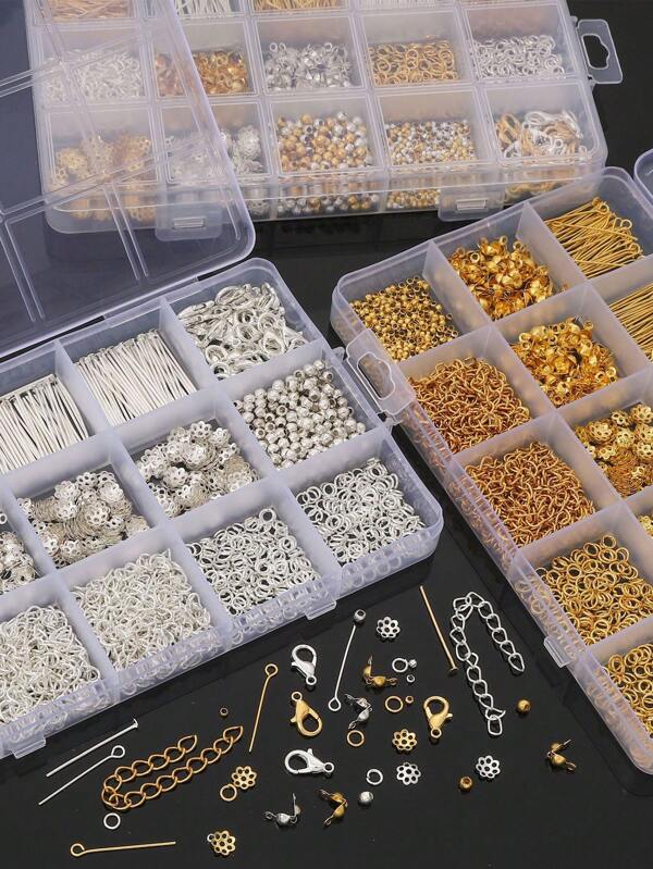 1260PCS Jewelry Findings Kit 15-Grid Box - Metal Charms, Chains & Tools For DIY Bracelet Making, Craft Supplies For Adults