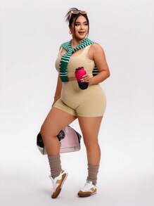 加大码女式运动套装，纯色，高弹性无缝设计，上衣/背心和短裤套装 - 香檳色 - 查看 5