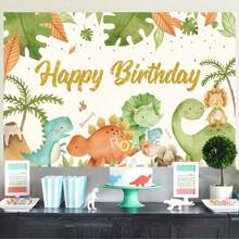 1 件，恐龙生日派对聚酯背景横幅，恐龙照片展台背景，绿色森林生日墙背景派对装饰 - 彩色 - 查看 3