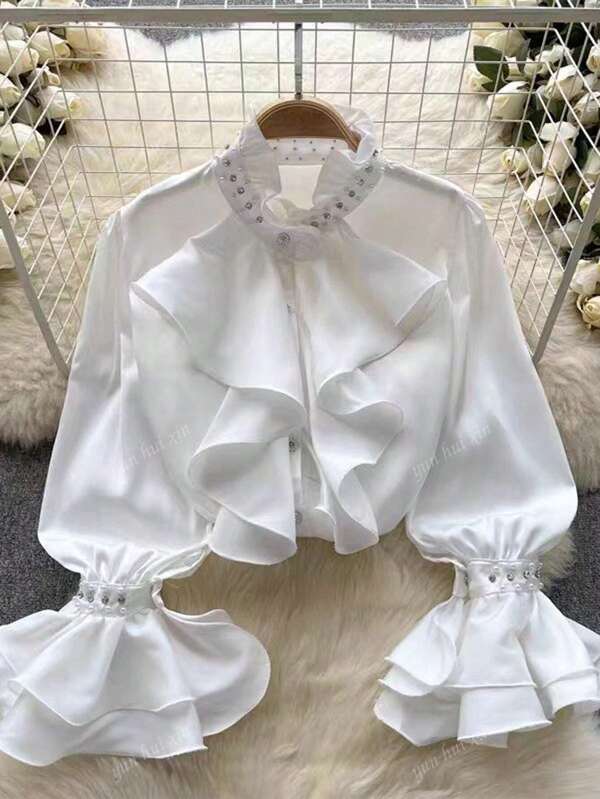 Camisa elegante, romántica y casual de manga larga con perlas y adornos de strass para mujer
