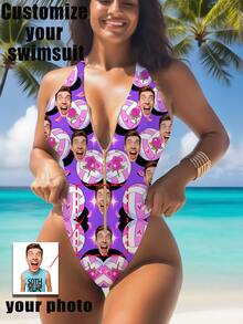 1 pieza Traje de baño personalizado para mujer, con diseño facial personalizado, traje de baño con cremallera y espalda descubierta, traje de baño de cintura alta sin mangas, sexy y muy juvenil, adecuado para piscina, playa y vacaciones, traje de baño para niñas