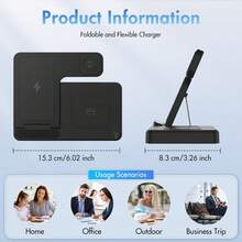 [Note: When Charging, Please Use The Built-In Adapter. If You Use The Power Consumption App While Charging Three Devices Simultaneously, It May Cause The Charging Speed To Be Slower]3 In 1 Charging Station Compatible , Wireless Charger Compatible With 16 15 14 13 12 11 X Pro Max & Apple, Wireless Charging Station For Air-P Ods 4 3 Pro, Foldable Chargers With LED Light, Portable 3 In 1 Fast Wireless Charger, 15W  Foldable Wireless Charging Station Suitable For 15 14 Pro Max 13 12 11, For 3 2 Pro Multiple Devices - Black (with Adapter) - View 2