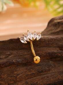 1pc Reverse Fan-Shaped Zirconia Stainless Steel Navel Ring, Classic Belly Button Piercing Jewelry For Daily Wear