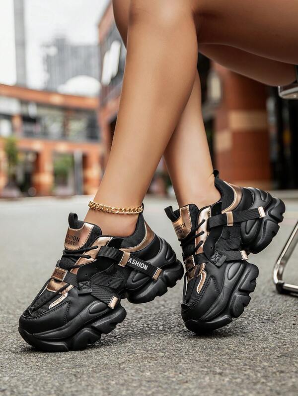 Women's Fashionable Black Patchwork Lace-Up High Platform Casual Sneakers, Comfortable Streetwear For Everyday Wear