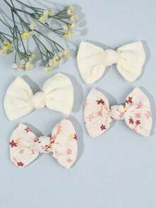 4pcs Girls' Soft Solid Color & Floral Print Hair Bow Clips, Pair Sets Of Bohemian-Style Bows - Charming Free-Spirited Delightful Hair Accessories For Beach Trips, Music Festivals, Parties & Summer Seasons
