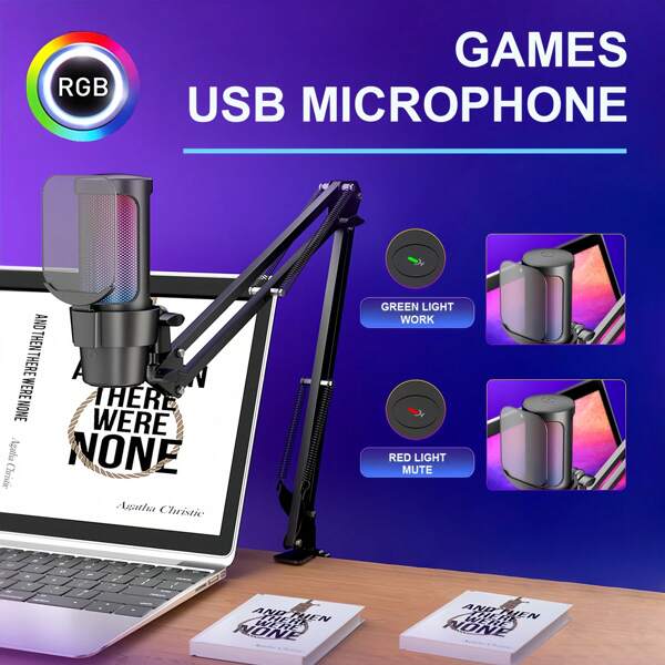 Professional USB Microphone Kit,Plug & Play PC Computer Condenser Cardioid Mic With Boom Arm And RGB Lighting,For Streamng, Podcast, Studio Recording And Games