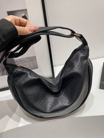 Women's Leather Dumpling Bag, PU Leather Solid Color Shoulder Saddle Bag, Adjustable Strap For Daily Commute