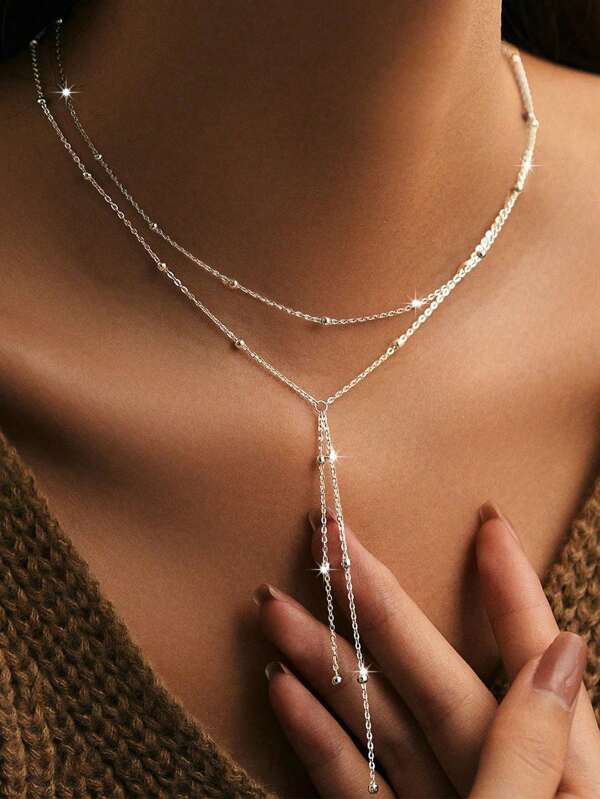 1 pieza Collar de cadena con borlas largas, cuentas geométricas elegantes de doble capa de plata esterlina 925 para mujer, regalo de joyería para uso diario, fiesta de la amistad