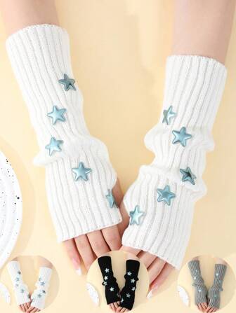 10pcs Star Fingerless Gloves, Y2K Style Arm Warmers, Knitted Subculture Design, Suitable For Autumn/Winter