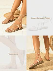 Sandalias planas para mujer, nuevas sandalias romanas casuales con cordones para vacaciones de verano, sandalias plana de playa para mujeres