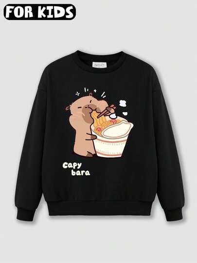 Bonitinho desenho animado capivara comendo macarrão instantâneo estampado, moletom feminino ombro caído, moletom casual grande e versátil gola redonda, moletom casual solto estilo universitário de rua, roupas infantis primavera e outono, duas estações, blusa de manga comprida respirável, nova série