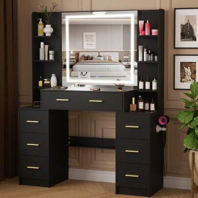 Black Dressing Table Makeup Vanity Desk With LED Lights Mirror, Drawers, Storage Shelves, Adjust Modes & Dimmable, Large Makeup Vanity Desk For Girls Bedroom, Modern Makeup Table Design Bedroom Furniture