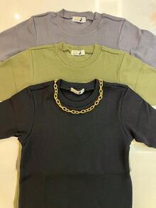 Kit Of 3 Basic Women's Ribbed Ribbed Cotton Knit Blouses, Short Sleeve, Versatile, Assorted Colors - 彩色 - 查看 7