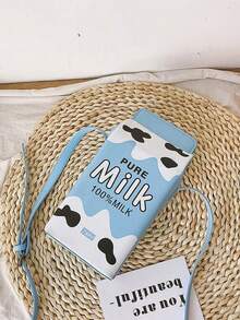 女士时尚牛奶纸盒形字母和奶牛印花斜挎包，配有可拆卸肩带和拉链开合，休闲通勤斜挎包，适合旅行和日常使用，方形 - 藍色 - 查看 8