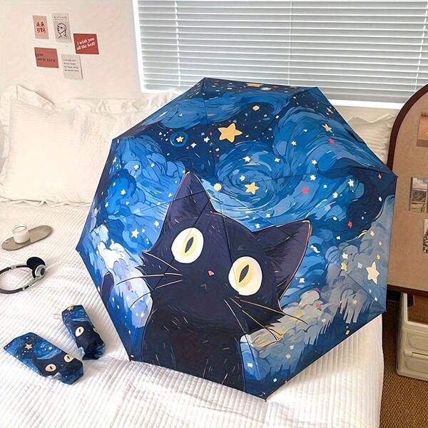 Foldable Umbrella With Cute Starry Sky Cat Design, Dual Use Rainy & Sunny Umbrella, Painting Cat Pattern, Portable, Sunproof, Compact & Fashionable, Suitable For Outdoor