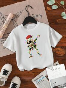 Camiseta de esqueleto con movimiento dab navideño para niños - Linda camiseta de esqueleto haciendo dab con gorro de Papá Noel para niños y niñas - Ropa para fiestas navideñas - Divertida camiseta de manga corta con gráfico - Blanco - Ver 1