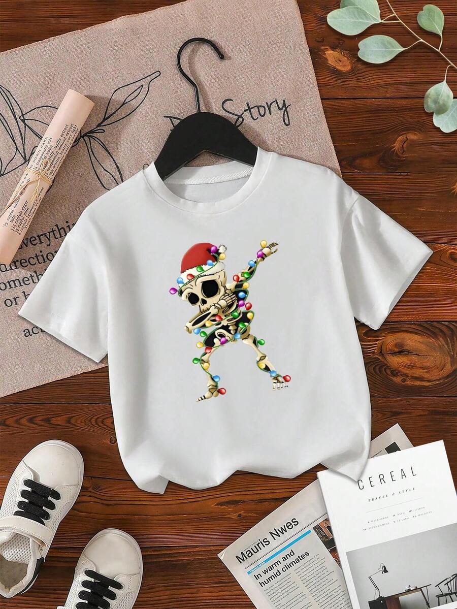 Camiseta de esqueleto con movimiento dab navideño para niños - Linda camiseta de esqueleto haciendo dab con gorro de Papá Noel para niños y niñas - Ropa para fiestas navideñas - Divertida camiseta de manga corta con gráfico - Blanco - Ver 1