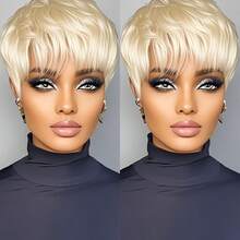 Short Straight Pixie Cut Human Hair Wigs For Women 6 Inch 180% Density Layered Machine Made Wigs With Bangs Black Color Pixie Wig 613 Color Red Color With 4# Color For Daily Wear And Halloween - Gold - View 3