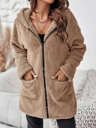Plus Size Women Casual Solid Color Hooded Long Sleeve Zipper Pocket Design Fluffy Jacket, Fashionable & Elegant For Daily Commute And Street Style, Suitable For Autumn And Winter