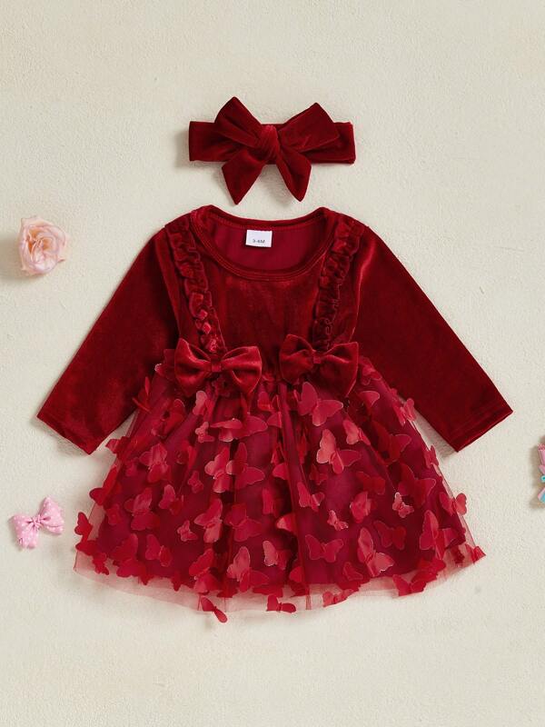 Baby Girls Velvet Dress Fashionable Round Neck Butterfly Long Sleeve Red Dress with Headband