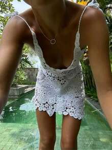 Women Summer Boho Knitted Crochet Halter Neck Swimsuit Coverups VNeck Hollow Out Irregular Hem Short Mini Beach Dress - 白色 - 查看 4