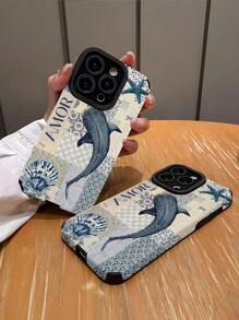 1pc Whale Shark Blue Patchwork Pattern Faux Leather Texture Classic Anti-Drop Soft Phone Case Compatible With Apple And 16/16PLUS/16PRO/16PROMAX Waterproof Shockproof Scratch Resistant