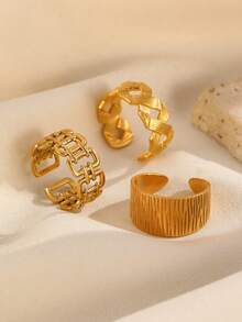 3pcs/Set Stainless Steel Textured Line Design Rings, Fashionable Casual Versatile Rings Set, Suitable For Women Daily Wear, Great Gift For Friends, Quality Jewelry Accessory - Yellow Gold - View 2