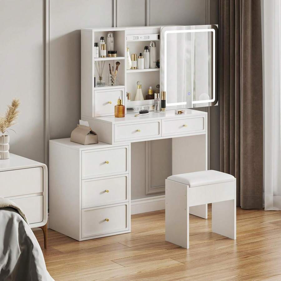 Dressing Table With Mirror And Stool, Modern Vanity Makeup Desk With Sliding Lights Mirror, 6 Drawers And Open Shelves For Bedroom