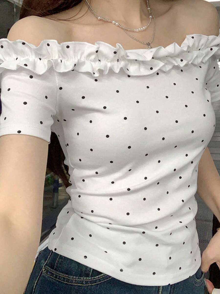 Áo thun tay ngắn in họa tiết chấm bi nhún bèo thời trang xuân/hè 2025 dành cho nữ - trắng - Xem 1