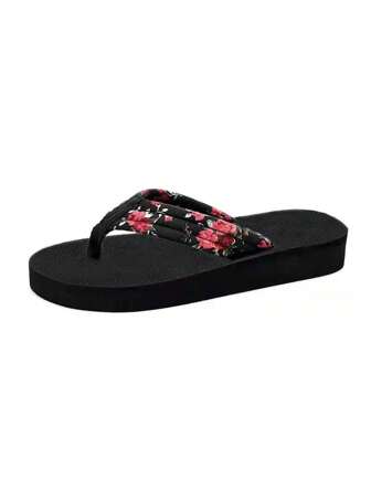 New Women Thong Sandals, Elegant Comfotable Beach Spring Summer Fashion Casual Holiday Thick Bottom Black Ditsy Floral Beach Flip Flops, Flat Outdoor Party Lightweight Soft Bottom Slippers