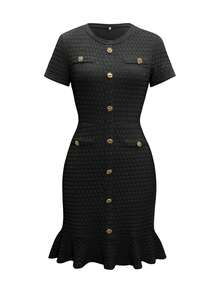 Unadoll Women's Spring Round Neck Short Sleeve Dress With Fake Pockets And Decorative Buttons, Elegant And Fashionable, Suitable For Party, Date, Commute, Birthday, Valentine''s Day And Other Occasions - Black - View 3