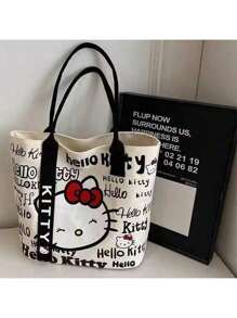 Sanrio Sanrio Sanrio Hello Kitty Canvas Handbag, Cute KT Tote Shoulder Bag, Cartoon Versatile Tote Bag, Large Capacity Commuter Bag, Suitable For Travel, Back To School, Commuting Tote Bag For School