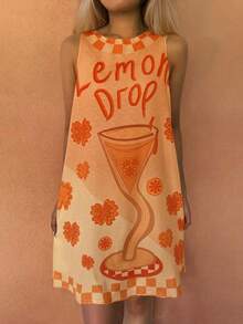 Sea Starshine Bohemian Summer Beach Casual Vacation Comfort Women's Lemon Cup Letter Clashing Plaid Leaf Pattern Sleeveless Dresses Brunch Outfits For Women