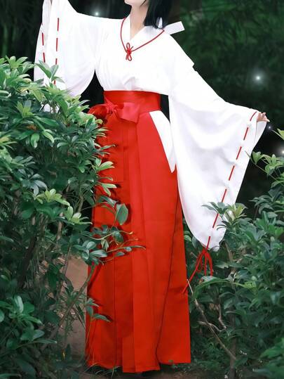 1pc Anime Game Halloween Cosplay Costume, Kikyo Miko Kimono Cosplay, Shrine Maiden Improved Traditional Performance Outfit