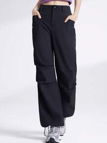 CAMEL CROWN 女式直筒工装裤，防静电，宽松，修身，百搭，休闲，伞兵裤 - 幻影黑 - 查看 2