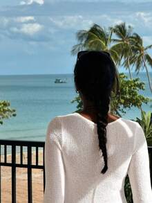 女式性感透视镂空 V 领长袖针织罩衫长裙，适合海滩度假、春夏季 - 白色 - 查看 6