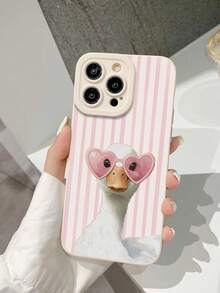Weiß-rosa Herz Gläser Ente Mode 1 Stück perforierter gerade Kante gestreifte Ente bemalt dick Anti-Drop bemalt Handyhülle kompatibel mit iPhone 16/11/16pro/16plus/16promax/16e/15Promax/13/14/12/XS/XR/7G/8P, kompatibel mit Samsung Galaxy S25/S25PLUS/S25 Ultra/A16/A36/A26/A56/A50/A12/A32/A52, internationale Version, nicht die inländische Version Ostern Frühling - Verschiedenfarbig - Übersicht 3