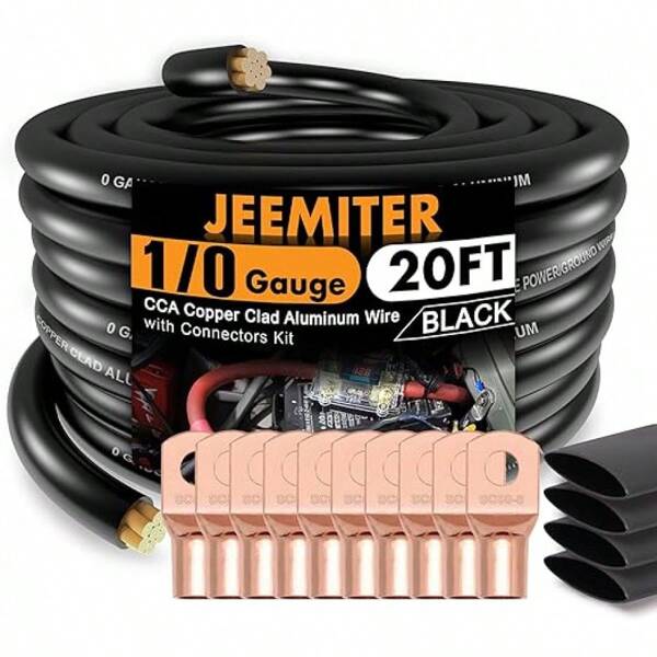 Cable CAA de calibre 1/0, cable de tierra para coche, cable de batería, altavoz de audio estéreo para coche, conectores de terminales y tubo termorretráctil de 20 pies, color negro