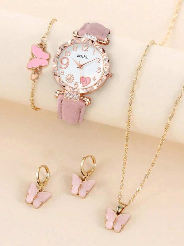 5 Stücke/Set 1 Stück Mädchen PU AU Armband Mode Strass verziertes Stern Muster Rund Zifferblatt Quarz Uhr & 4 Stücke Schmetterling Schmuckset für den Alltag Schulanfang