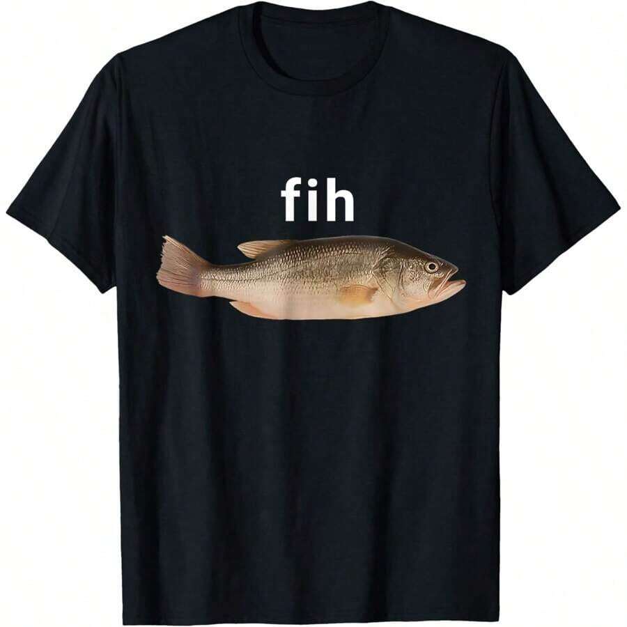 Estilo Unisex Masculino Femenino Fih Divertido Meme de Pescado Mal Escrito, Camiseta de Humor Simple de Manga Corta Sobredimensionada de Algodón Pesado Clásico Camiseta Gráfica Impresa Top Casual de Verano de Manga Corta para Mujeres - Negro - Ver 1