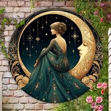 One 2D Flat Piece, Retro Metal Signboard, Moon Queen Designed Circular Wall Art Decoration, 8 Inches, Retro Creative Moon Metal Garland Wall Art, Elegant Celestial Home Decoration, Suitable For Living Room And Bedroom Decoration - Slot Style Is Random - Multicolor - View 5