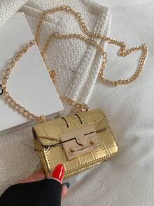 Minimalist Mini Alligator Grain Chain Shoulder Bag Crossbody Bag - Gold - View 6