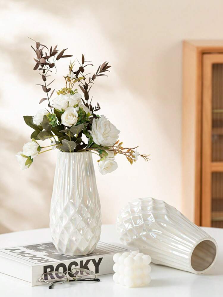 Single Geometric Ceramic Vase - Gradient Ombre Pink/Blue/White Textured Pot | Boho Centerpiece For Shelf Decor, Modern Spring Home | Dried Pampas Grass Flower Holder, Living Room Table Decor ,​Rattan Planters For Patio​ - Multicolor - View 8