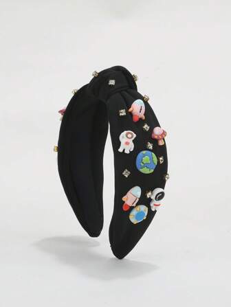 1pc Women's Astronaut Headband With Planets, Rockets & Gems, Cosmic Adventurer Space Hair Accessories, Gift, Hair Band, Hair Hoop, Black