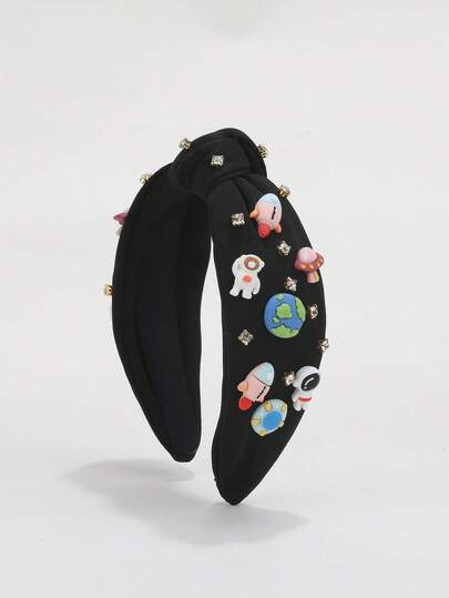 1pc Women's Astronaut Headband With Planets, Rockets & Gems, Cosmic Adventurer Space Hair Accessories, Gift, Hair Band, Hair Hoop, Black ,Head Piece