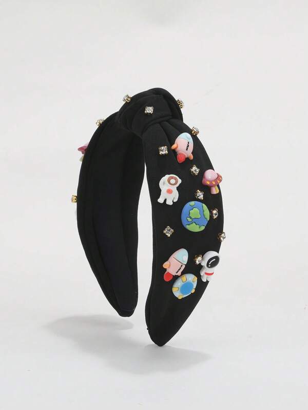 قطعة واحدة شريط رأس بشكل رائد فضاء للنساء مزين بالكواكب والصواريخ والأحجار الكريمة، إكسسوارات شعر للمغامرة الكونية، هدية، شريط شعر، حلقة شعر، باللون الأسود، قطعة رأس