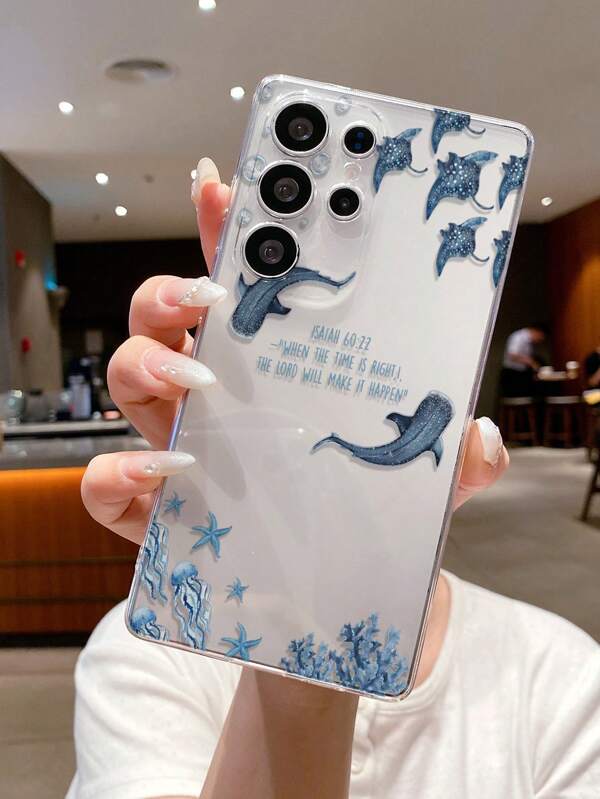 1 pieza Funda de teléfono suave y transparente de TPU con elementos creativos del océano como coral, ballena, estrella de mar y medusa, con patrón de burbujas, que protege contra caídas, arañazos y huellas dactilares, y también protege la lente de la cámara, compatible con Samsung, Nothing, Pixel, INFINIX, Redmi