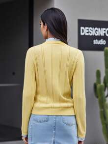 Women's Yellow Plaid Cardigan Color Contrast Sweater With Patchwork Design Cozy Fall Layering Piece - Yellow - View 5