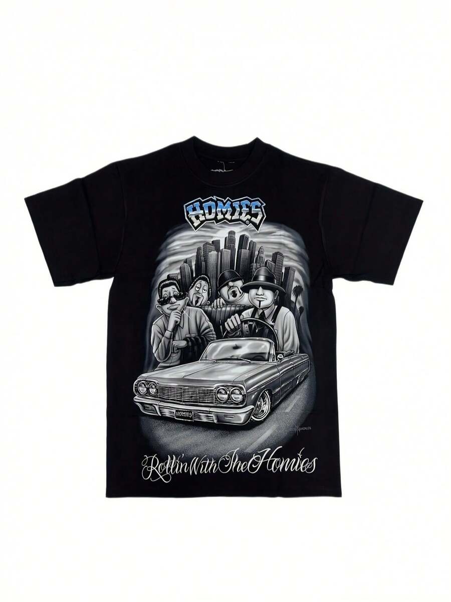Retro-Inspired "Homies For Life" Graphic Tee - Men's Casual Cotton T-Shirt With Vintage Car And Gothic Street Design, Short Sleeves, Fabric Weight, Ideal Valentine's Day Gift - 白色 - 查看 1