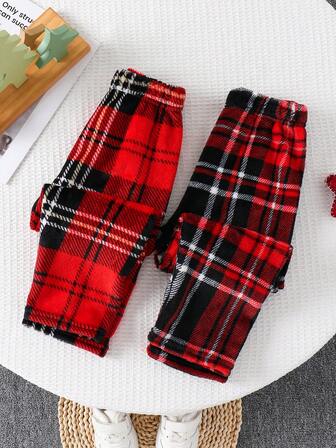2pcs/Set Kids Boys Casual Flannel Lined Plaid & Striped Print Pants, Suitable For Spring, Autumn, Winter